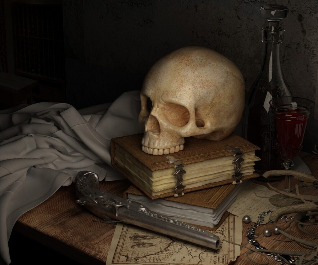 skull, dark, pirate, books, gun, dead, stacked